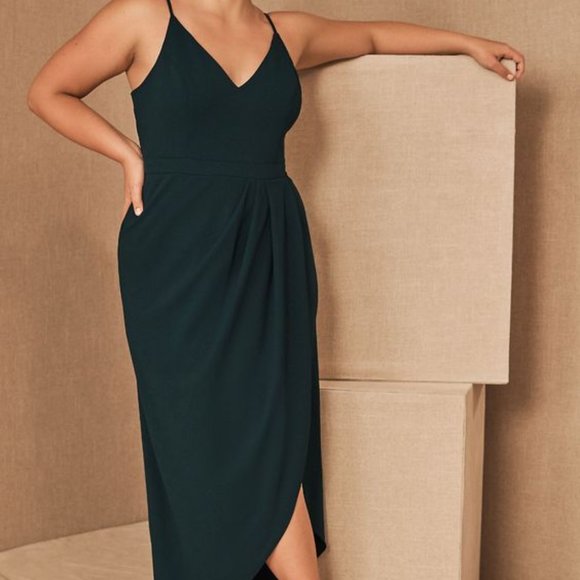 BHLDN Caron V-Neck Crepe Dress Emerald Green - Picture 3 of 15